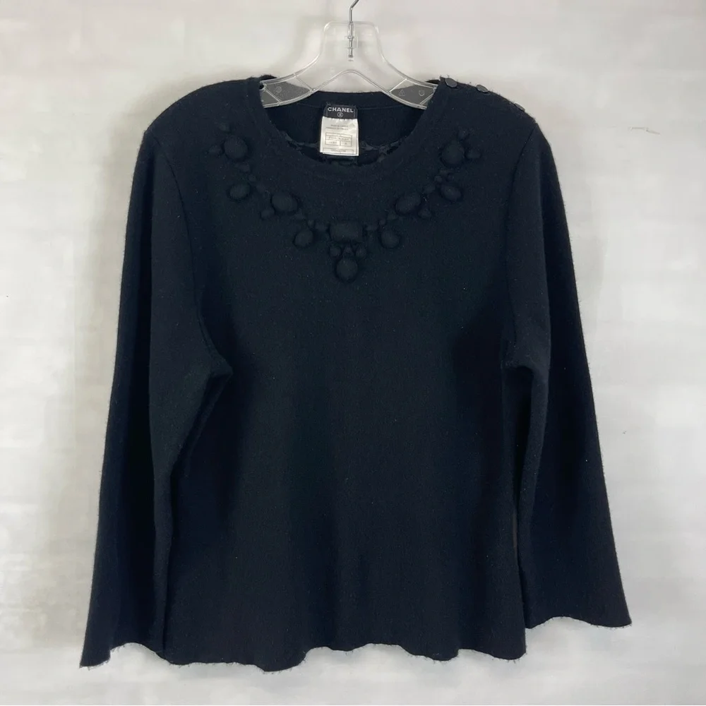 CHANEL Black Wool Sweater CC Button Pom Pom Bobble‎ Embellished Size 46 Vintage